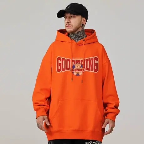 橙色oversize港风连帽卫衣胖子男生外套潮牌大码男装春秋冬款加绒图片