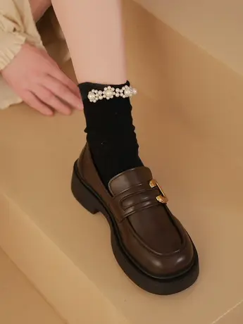 乐福鞋女2023新款春秋厚底复古一脚蹬小皮鞋英伦黑色粗跟浅口单鞋商品大图