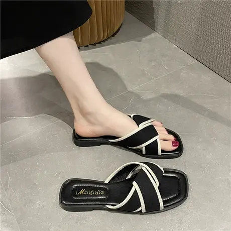 舒适编织一字拖女夏2024新款复古方头平底露趾凉拖鞋休闲沙滩拖商品大图