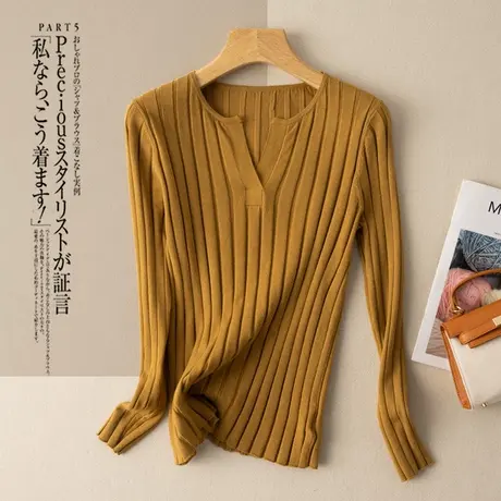 修身竖条纹套头针织衫女春秋外穿打底毛衣女复古港味2022秋季新款商品大图