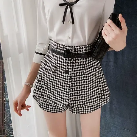 粉红大布娃娃短裤女2022新款春休闲洋气千鸟格直筒显瘦百搭裙裤图片