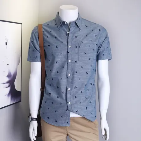 格慕施春夏季纯棉印花短袖衬衫男士商务休闲衬衣青年大码宽松寸衣图片