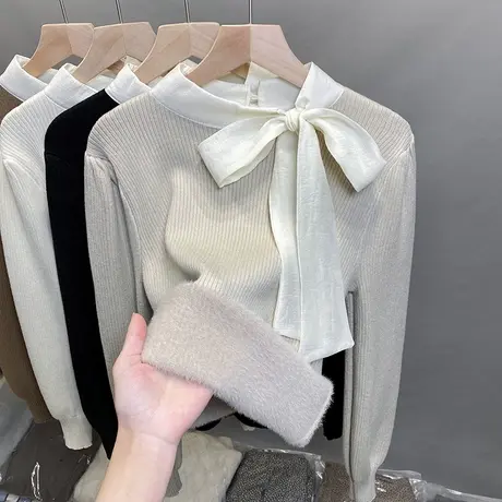 一体绒半高领毛衣女加绒厚打底衫2023秋冬新款蕾丝针织衫内搭上衣商品大图