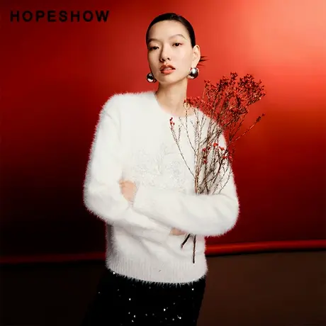 红袖设计感珠片绣圆领套头针织衫hopeshow2024春新款宽松外穿毛衣商品大图