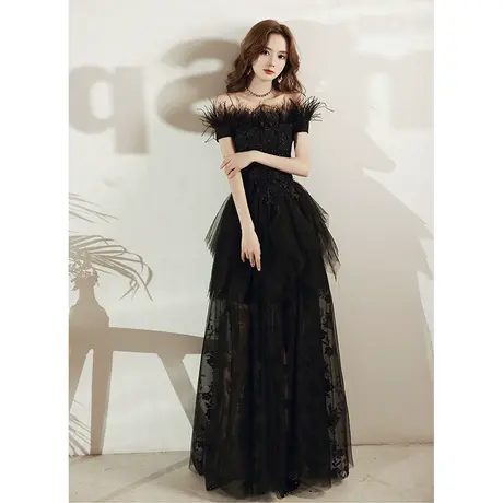 晚礼服裙女2023新款名媛宴会年会气质长款黑色性感一字肩高端大气图片