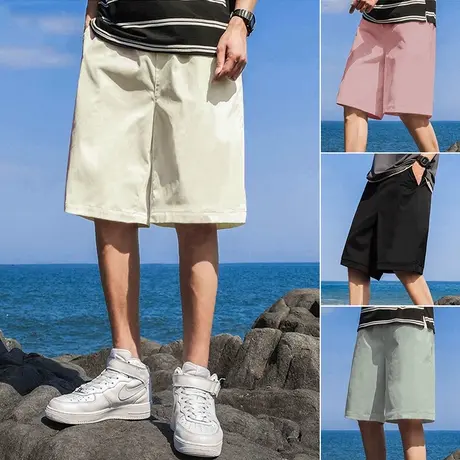 冰丝短裤男夏季潮牌ins宽松沙滩裤港风大裤衩五分纯色运动休闲裤商品大图