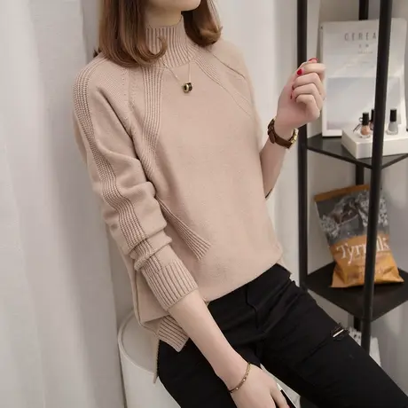慵懒秋冬女装新款半高领加厚保暖套头纯色毛衣针织打底衫上衣长袖商品大图