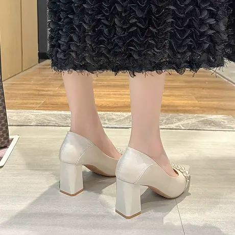 法式晚风单鞋女粗跟尖头伴娘鞋舒适不累脚高跟鞋女中跟气质仙女风图片