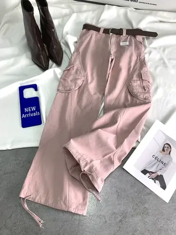 美式大口袋牛仔工装裤女2024春季新款显瘦百搭抽绳高腰宽松休闲裤图片