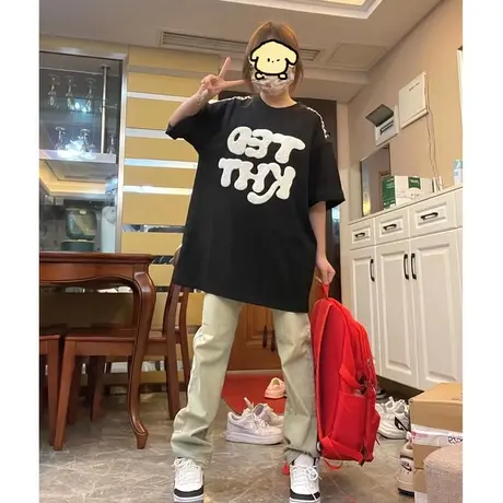 纯棉黑色短袖t恤女夏季oversize潮牌美式复古设计感小众半袖上衣商品大图