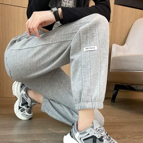 九分灰色运动裤女春季新款高腰直筒宽松休闲百搭哈伦束脚阔腿卫裤图片