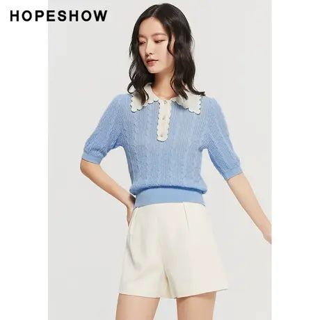 红袖outlets蓝色针织衫hopeshow2023夏季新款女装撞色边翻领毛衣商品大图