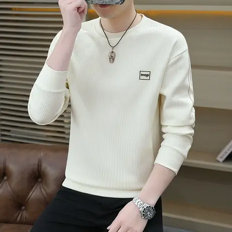 2024春秋新款圆领卫衣男士纯色休闲百搭时尚长袖T恤打底衫上衣服商品大图