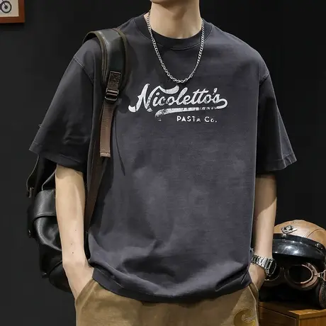 水洗潮牌短袖t恤男士宽松大码夏季2024新款纯棉男款男装重磅体恤商品大图