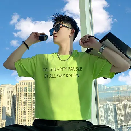 潮牌简约字母短袖T恤男夏季ins网红男装半袖上衣圆领体恤半截袖商品大图