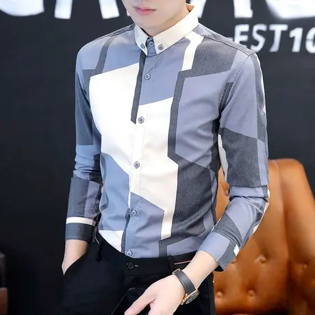 春秋季男士长袖衬衫2022新款韩版潮流修身衬衣服青年时尚薄款寸衫商品大图