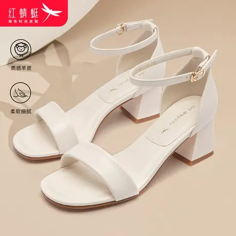 红蜻蜓女凉鞋粗跟露趾中跟妈妈鞋高跟鞋一字带夏季仙女风时装凉鞋商品大图