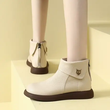 秋冬季小香风靴子休闲软底短靴女大码真皮软面女靴厚底平底42单靴商品大图