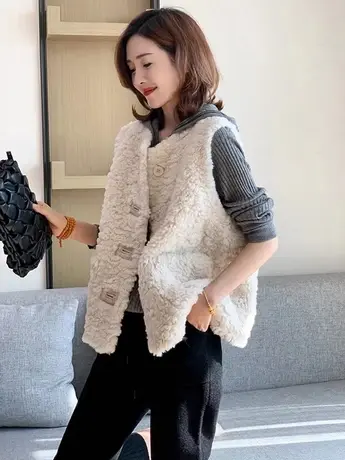 羊羔毛马甲女短款2023秋冬新款韩版毛绒马夹外搭皮毛一体坎肩背心商品大图