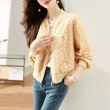 时尚百搭气质夹克短外套女2022秋季新款橘色格纹飞行服休闲款上衣图片