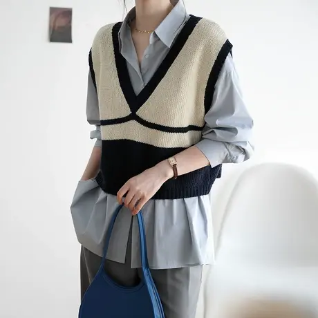 嘉茱莉2023春秋新款羊毛马甲背心v领法式套头毛衣上衣女羊毛衫商品大图