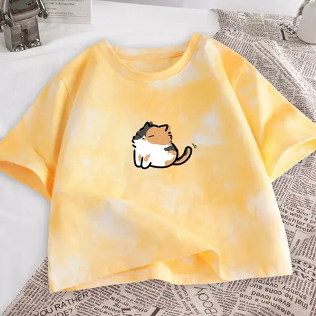 夏季正肩短款t恤女2023新款纯棉扎染半袖小个子宽松高腰女款短袖商品大图