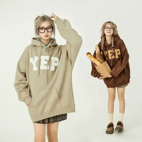 yep连帽卫衣女秋冬加绒美式复古中长款上衣外套潮牌棕色oversize商品大图