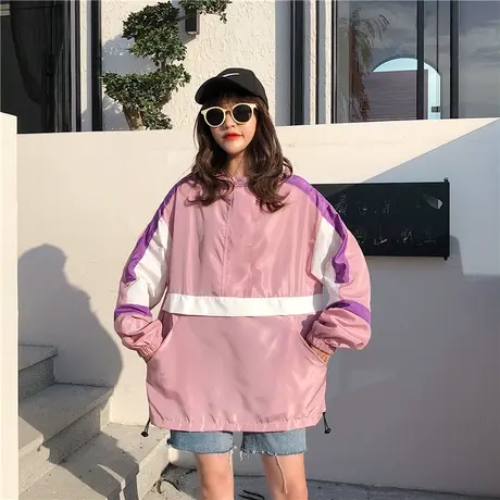 港味少女原宿风拼色工装外套秋装新款初中高中学生休闲连帽棒球服商品大图