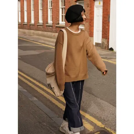 omont蛋挞家 复古长袖圆领套头长袖毛衣女学生休闲针织衫秋冬图片