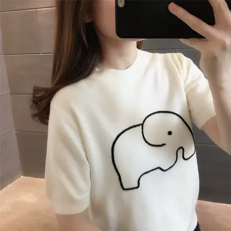 2023早春新款上衣圆领针织衫毛衣短袖上衣小衫设计感小象减龄女士图片