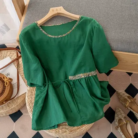 短袖苎麻上衣女设计感小众文艺复古棉麻小衫系带收腰2022夏季新款图片