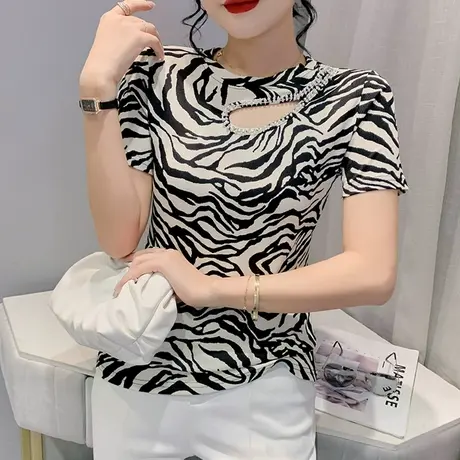 斑马纹T恤女短袖2023夏新款性感镂空心机小衫设计感洋气百搭上衣商品大图