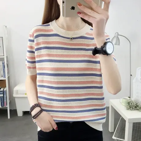 彩虹条纹短袖薄款冰丝针织衫女夏季新款圆领百搭镂空拼色t恤洋气商品大图