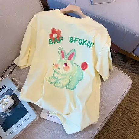 奶黄色兔子印花短袖T恤女2021年夏季新款设计感小众宽松上衣ins潮商品大图