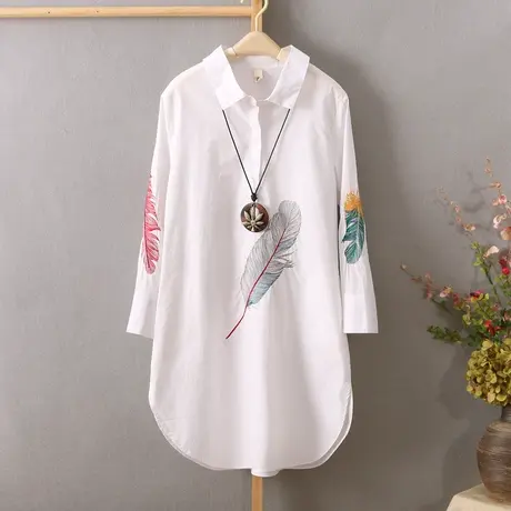 文艺范刺绣纯棉白衬衫女韩范宽松中长款中袖套头衬衫裙衬衣七分袖商品大图