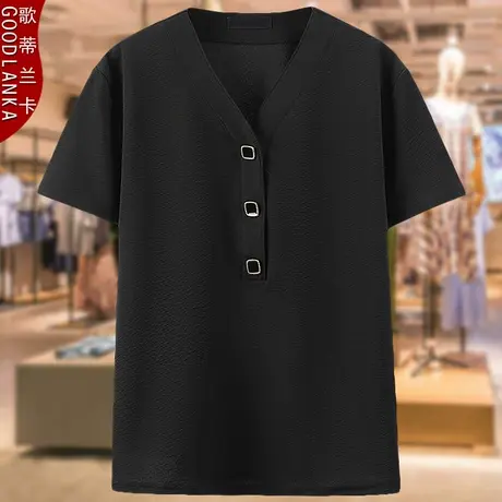 中年40-50岁妈妈夏装短袖上衣洋气时尚小衫加肥加大码女装V领T恤商品大图