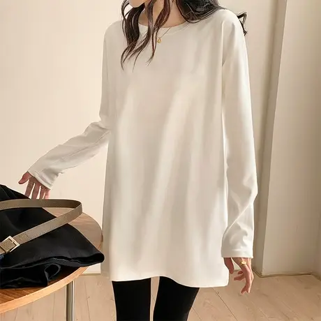 德绒打底衫女秋冬中长款圆领显瘦内搭2022冬季新款百搭白色T恤女图片