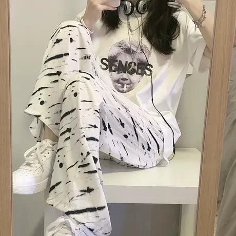 涂鸦白色阔腿裤子女夏季薄款高腰显瘦宽松直筒裤炸街百搭休闲长裤商品大图