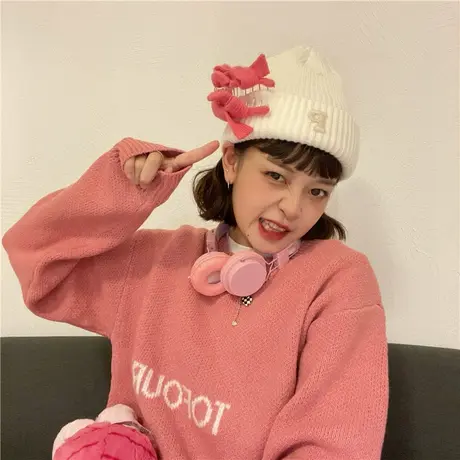 红续小个子慵懒风学院宽松长袖针织毛衣女2023年春装新款甜美上衣图片