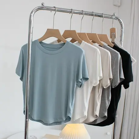 柔软亲肤短款莫代尔t恤女夏 韩版修身显瘦圆领短袖瑜伽舞蹈服上衣图片