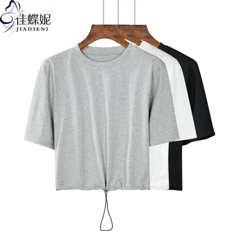 夏季新款韩版纯棉修身抽绳圆领短款高腰纯色短袖体恤上衣女装T恤商品大图