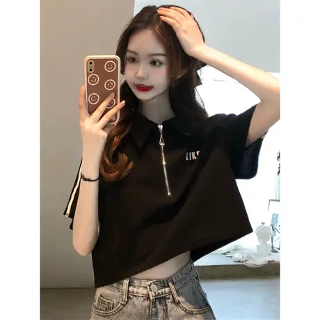 韩系chic辣妹短款t恤女学院风polo领短袖美式小众ins潮复古上衣夏图片