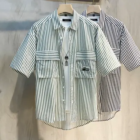 夏新款短袖衬衫男日系条纹复古宽松翻领潮男外穿衬衣潮男工装外套商品大图