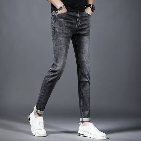 香港潮牌牛仔裤男2023春季新款灰色修身小脚潮流个性男士薄款裤子商品大图