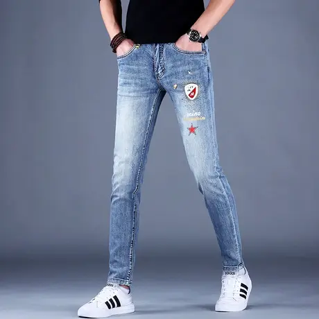 男士高端烫钻牛仔裤男秋款男款2023新款修身小脚裤子休闲弹力品牌商品大图