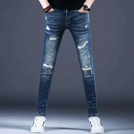 男士破洞牛仔裤男款修身小脚裤子2023韩版潮流休闲裤高端潮牌男裤商品大图