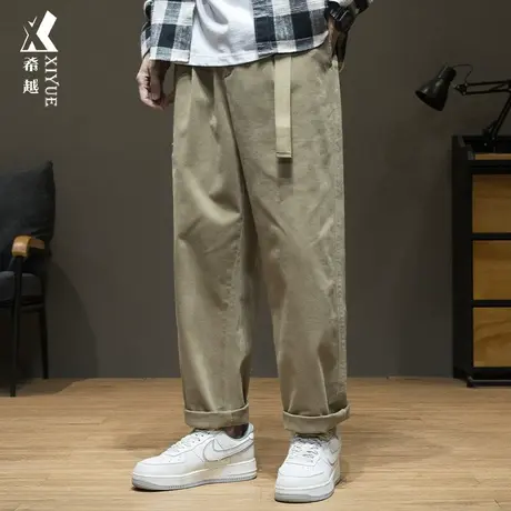 希越新款休闲裤男款秋季腰带直筒裤秋冬加绒加厚宽松大码拼接裤子商品大图