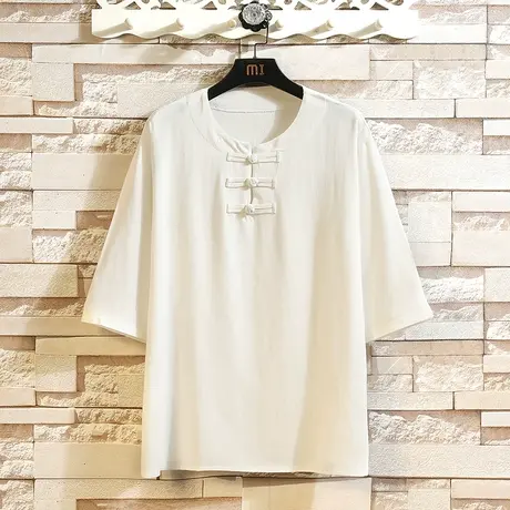 爸爸装棉麻t恤男夏薄款中国风套装宽松唐装七分短袖中老年人男装图片