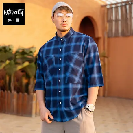 潮牌短袖衬衫男大码胖子大肚子格子衬衣肥佬宽松纯棉慵懒五分袖夏商品大图