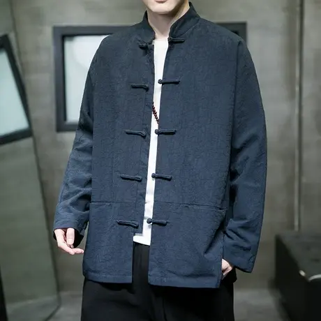 春秋夹克男中国风复古上衣服盘扣民族服装棉麻亚麻面料男装潮外套图片